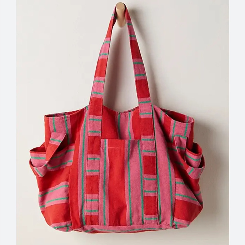 Free People Red and Pink Striped Canvas Tote